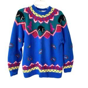 Vintage Heirlooms Wool Bear Handknit Sweater size large Blue Green Pink